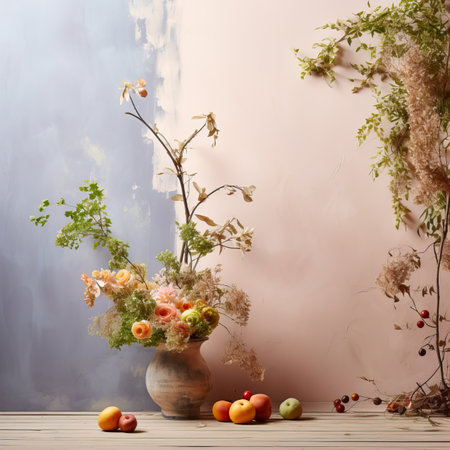 Creative wall background, product backdrop with plants, branches and textured stones, commercial template with copy spaceの素材