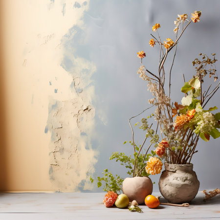 Creative wall background, product backdrop with plants, branches and textured stones, commercial template with copy spaceの素材