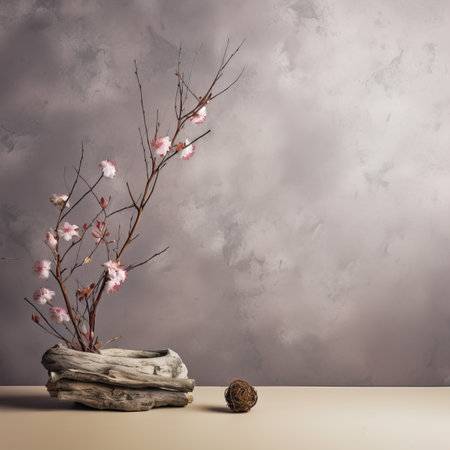 Creative wall background, product backdrop with plants, branches and textured stones, commercial template with copy spaceの素材