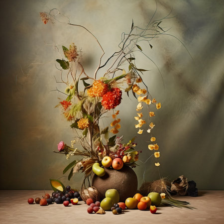 Creative wall background, product backdrop with plants, branches and textured stones, commercial template with copy spaceの素材