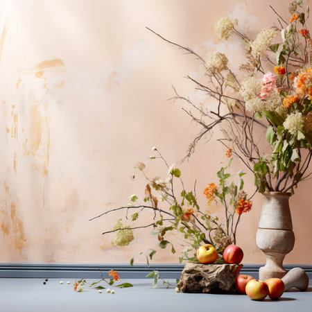 Creative wall background, product backdrop with plants, branches and textured stones, commercial template with copy spaceの素材