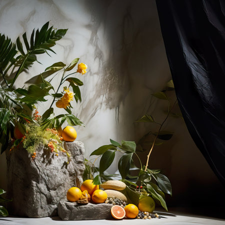 Creative wall background, product backdrop with plants, branches and textured stones, commercial template with copy spaceの素材