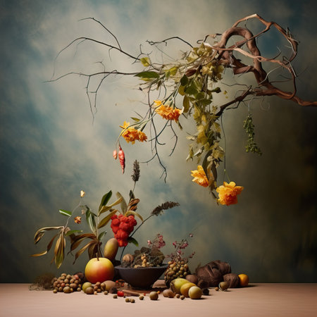Creative wall background, product backdrop with plants, branches and textured stones, commercial template with copy spaceの素材