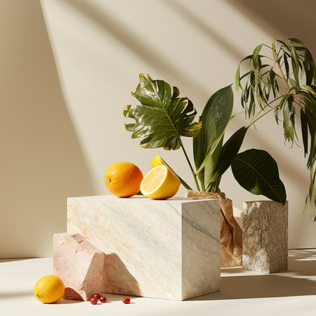 Creative wall background, product backdrop with plants, branches and textured stones, commercial template with copy spaceの素材