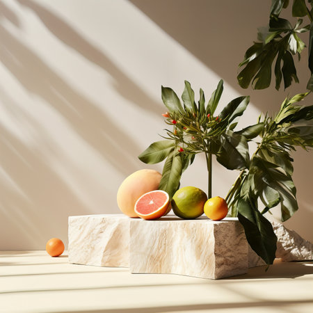 Creative wall background, product backdrop with plants, branches and textured stones, commercial template with copy spaceの素材