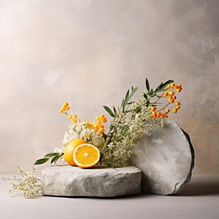 Creative wall background, product backdrop with plants, branches and textured stones, commercial template with copy spaceの素材