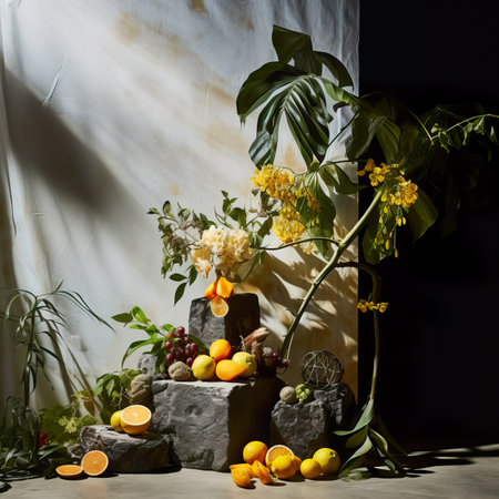 Creative wall background, product backdrop with plants, branches and textured stones, commercial template with copy spaceの素材