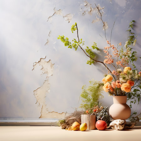 Creative wall background, product backdrop with plants, branches and textured stones, commercial template with copy spaceの素材