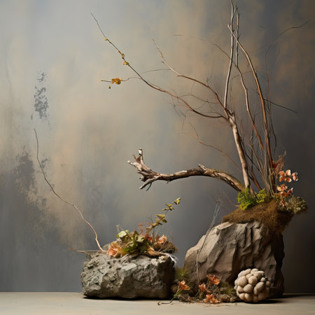 Creative wall background, product backdrop with plants, branches and textured stones, commercial template with copy spaceの素材