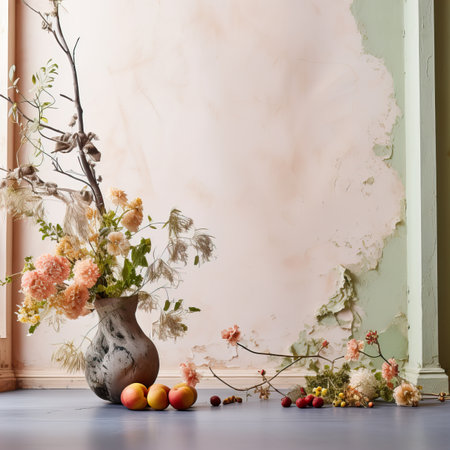 Creative wall background, product backdrop with plants, branches and textured stones, commercial template with copy spaceの素材