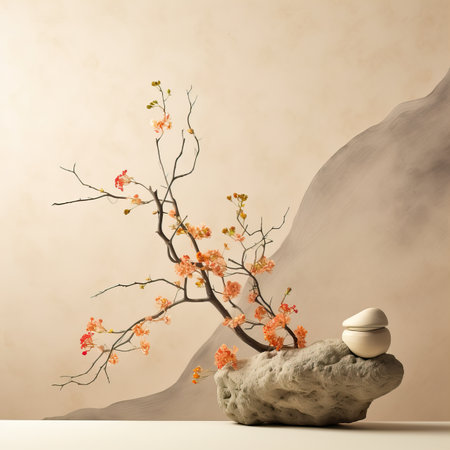 Creative wall background, product backdrop with plants, branches and textured stones, commercial template with copy spaceの素材