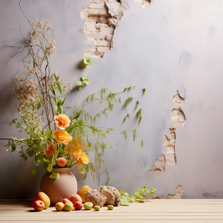 Creative wall background, product backdrop with plants, branches and textured stones, commercial template with copy spaceの素材
