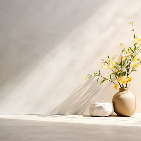 Creative wall background, product backdrop with plants, branches and textured stones, commercial template with copy spaceの素材