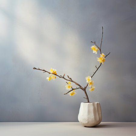 Creative wall background, product backdrop with plants, branches and textured stones, commercial template with copy spaceの素材