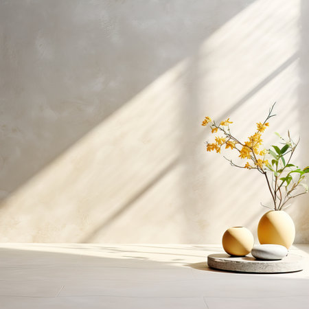 Creative wall background, product backdrop with plants, branches and textured stones, commercial template with copy spaceの素材