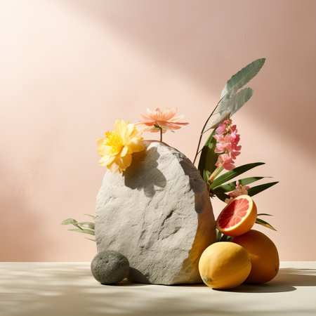 Creative wall background, product backdrop with plants, branches and textured stones, commercial template with copy spaceの素材