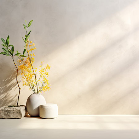 Creative wall background, product backdrop with plants, branches and textured stones, commercial template with copy spaceの素材