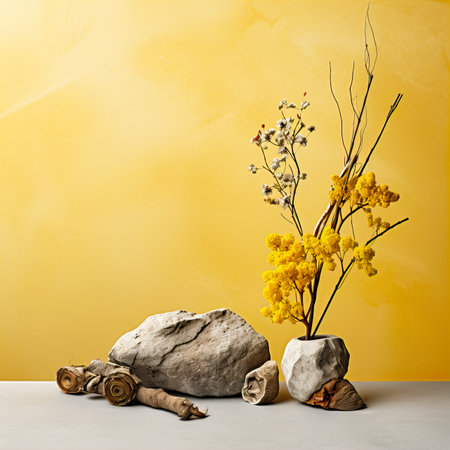 Creative wall background, product backdrop with plants, branches and textured stones, commercial template with copy spaceの素材