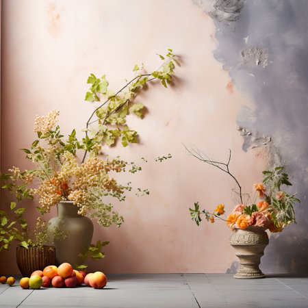 Creative wall background, product backdrop with plants, branches and textured stones, commercial template with copy spaceの素材