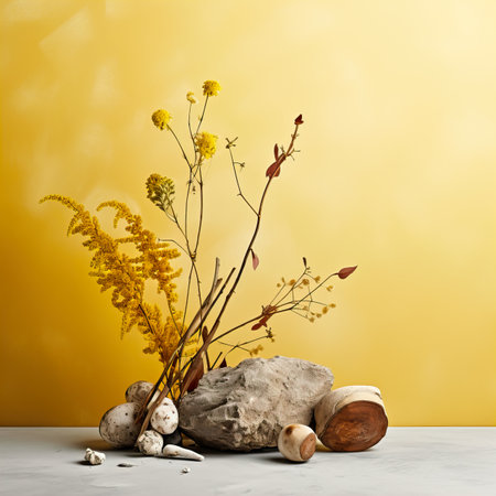 Creative wall background, product backdrop with plants, branches and textured stones, commercial template with copy spaceの素材