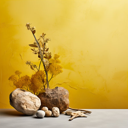 Creative wall background, product backdrop with plants, branches and textured stones, commercial template with copy spaceの素材