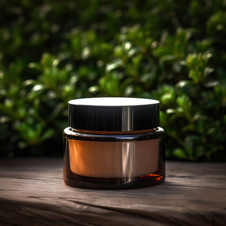 Amber glass cosmetic cream jar mockup, beauty product container front view template, styled creative cream jar mockupの素材