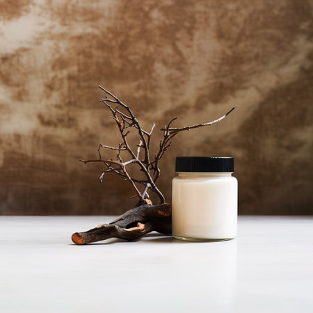 Amber glass cosmetic cream jar mockup, beauty product container front view template, styled creative cream jar mockupの素材