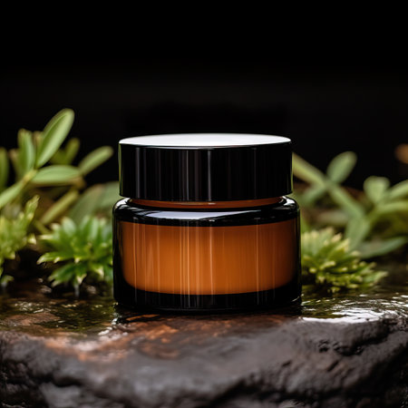 Amber glass cosmetic cream jar mockup, beauty product container front view template, styled creative cream jar mockupの素材