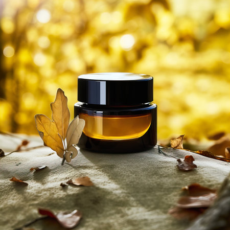 Amber glass cosmetic cream jar mockup, beauty product container front view template, styled creative cream jar mockupの素材