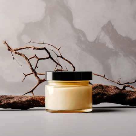 Amber glass cosmetic cream jar mockup, beauty product container front view template, styled creative cream jar mockupの素材