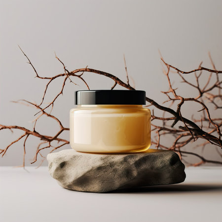 Amber glass cosmetic cream jar mockup, beauty product container front view template, styled creative cream jar mockupの素材