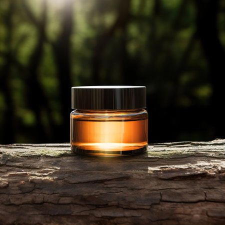 Amber glass cosmetic cream jar mockup, beauty product container front view template, styled creative cream jar mockupの素材
