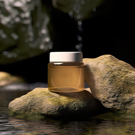 Amber glass cosmetic cream jar mockup, beauty product container front view template, styled creative cream jar mockupの素材