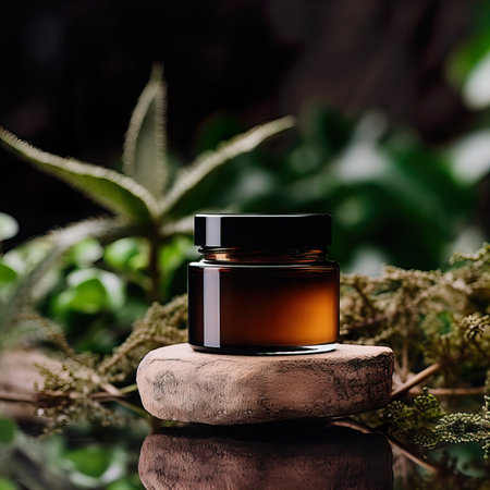 Amber glass cosmetic cream jar mockup, beauty product container front view template, styled creative cream jar mockupの素材