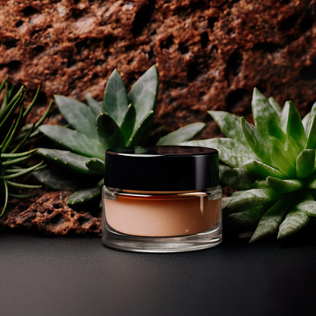 Amber glass cosmetic cream jar mockup, beauty product container front view template, styled creative cream jar mockupの素材