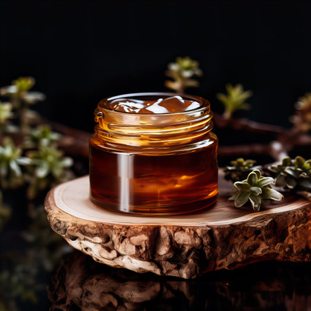 Amber glass cosmetic cream jar mockup, beauty product container front view template, styled creative cream jar mockupの素材