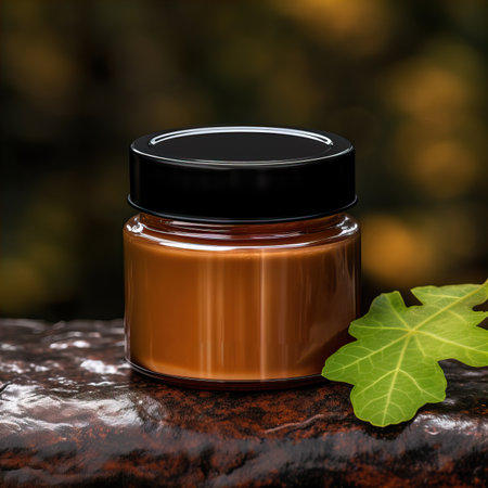 Amber glass cosmetic cream jar mockup, beauty product container front view template, styled creative cream jar mockupの素材