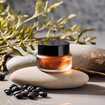 Amber glass cosmetic cream jar mockup, beauty product container front view template, styled creative cream jar mockupの素材
