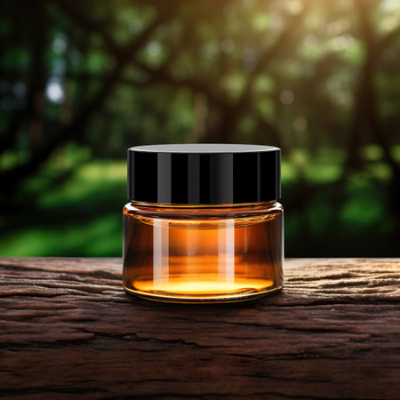 Amber glass cosmetic cream jar mockup, beauty product container front view template, styled creative cream jar mockupの素材