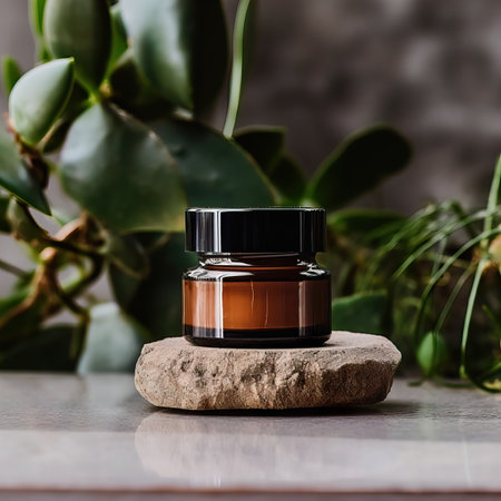 Amber glass cosmetic cream jar mockup, beauty product container front view template, styled creative cream jar mockupの素材