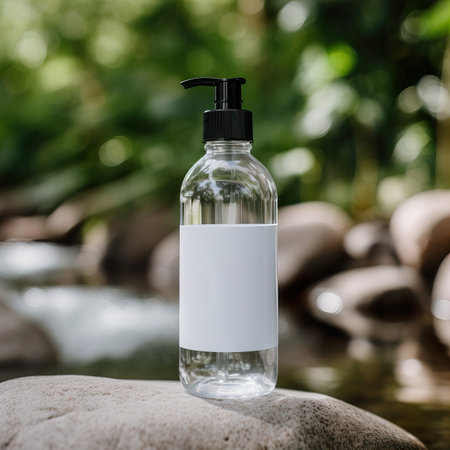 Clear plastic dispenser bottle mockup, cosmetic and care product pump bottle front viewの素材