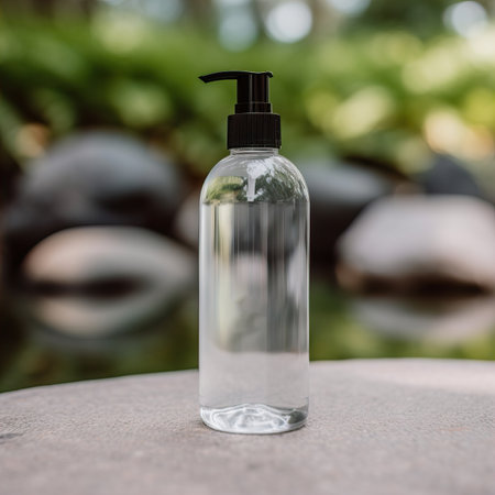 Clear plastic dispenser bottle mockup, cosmetic and care product pump bottle front viewの素材