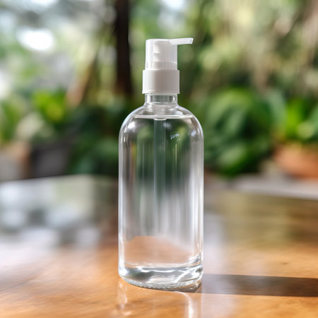 Clear plastic dispenser bottle mockup, cosmetic and care product pump bottle front viewの素材
