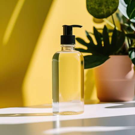 Clear plastic dispenser bottle mockup, cosmetic and care product pump bottle front viewの素材