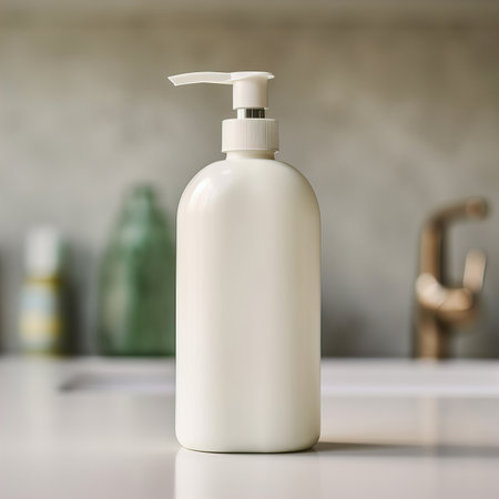 White plastic dispenser bottle mockup, cosmetic and care product pump bottle front viewの素材