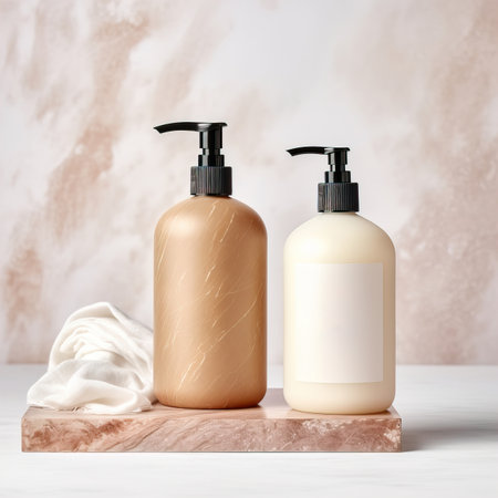 Two plastic dispenser bottle mockup, cosmetic and care product pump bottle front viewの素材