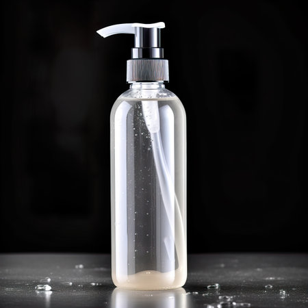 Clear plastic dispenser bottle mockup, cosmetic and care product pump bottle front viewの素材