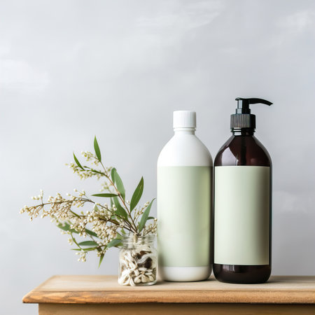 Two plastic dispenser bottle mockup, cosmetic and care product pump bottle front viewの素材