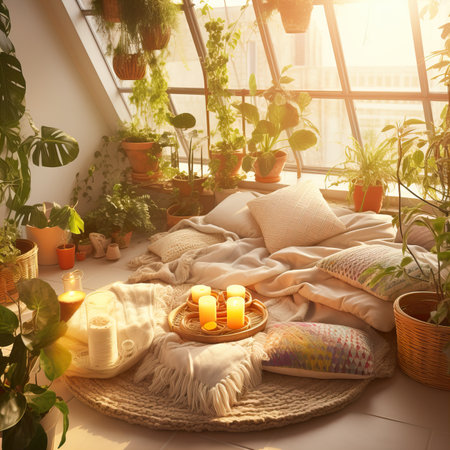 Mindfulness home interior decor, green plants and candles in beautiful afternoon light, natural cozy calm home decorationの素材