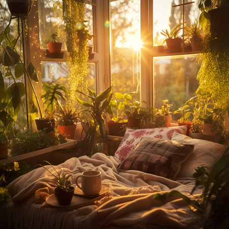 Mindfulness home interior decor, green plants and candles in beautiful afternoon light, natural cozy calm home decorationの素材